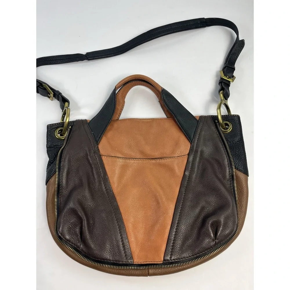 orYANY Pebble Leather Brown Color-Block Victoria Large Hobo Bag Purse Crossbody